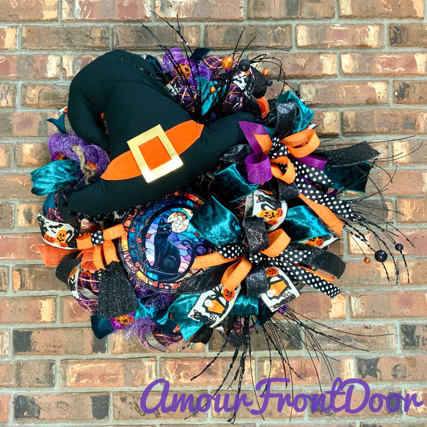 Witch Cat Wreath, Halloween Cat Door Hanger, Halloween Cat Wreath, Witch Cat Decor, Cat Wreath For Halloween