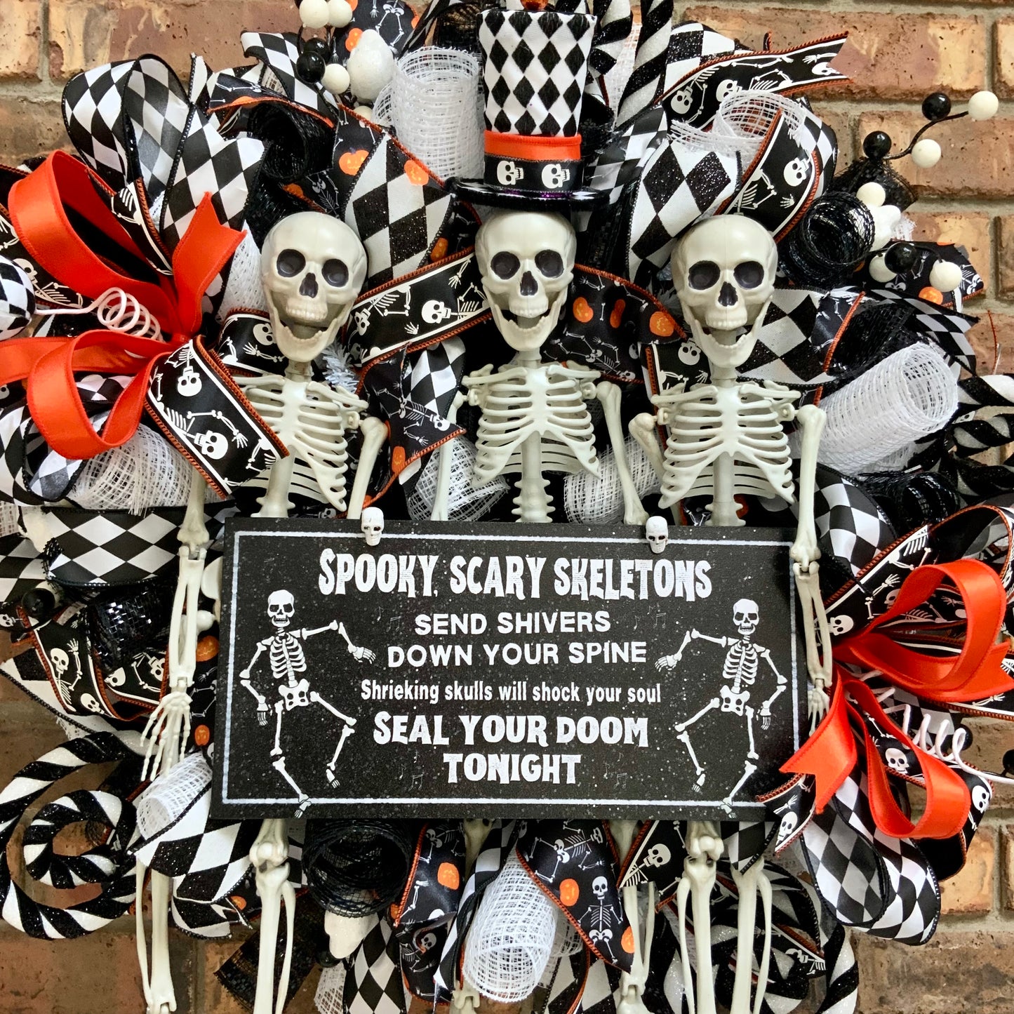 Halloween Wreath - Spooky Scary Skeletons Door Hanger | Black White Harlequin Orange Jack O Lantern 2026