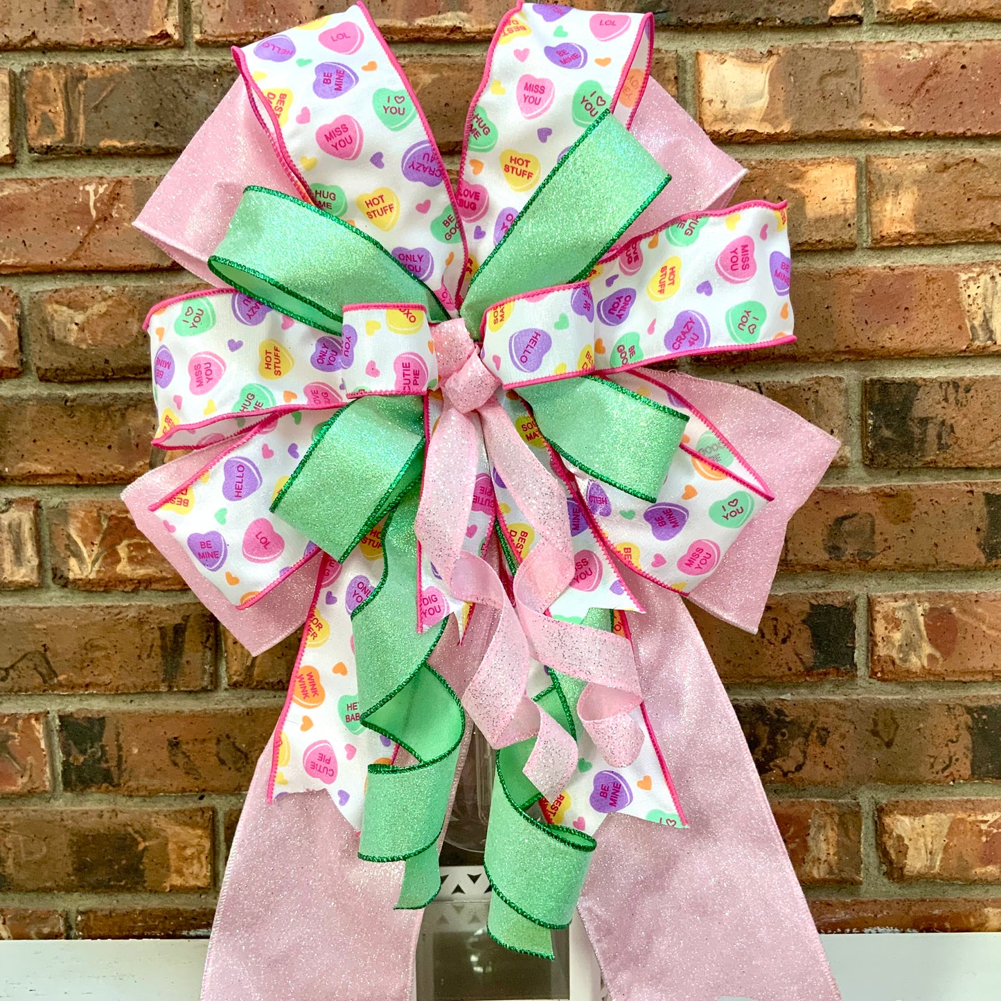Valentine's Day Bow - Pink Red Heart Lantern Bow with Glitter & Conversation Hearts | Wreath Mailbox Sconce Decor 2025