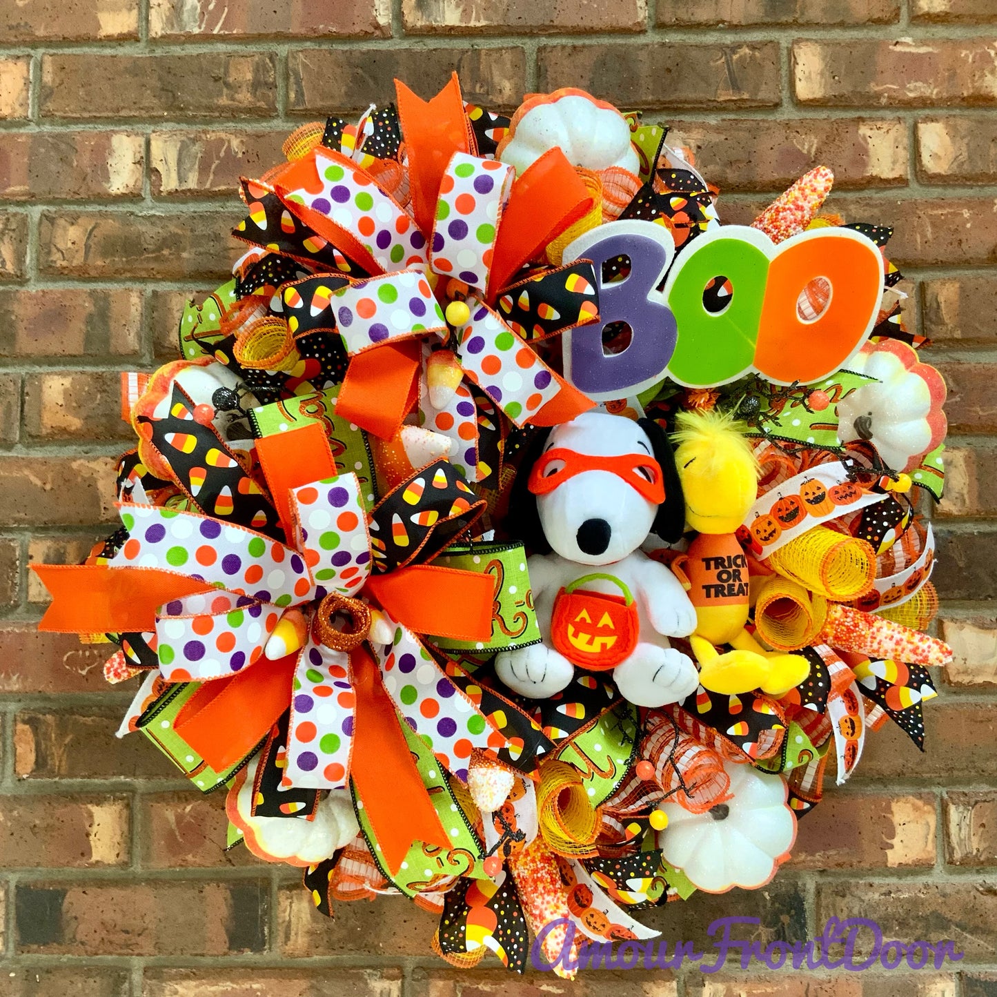 Snoopy Halloween Wreath - Trick or Treat Boo Door Hanger | Pumpkin Candy Corn Orange Purple 2026