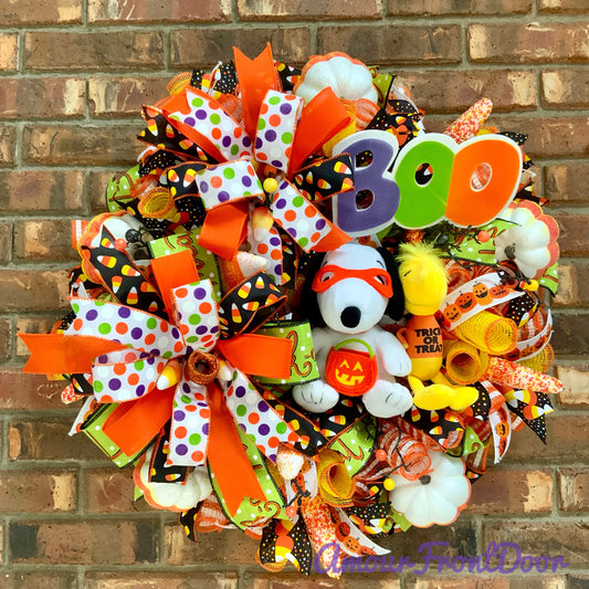 Snoopy Halloween Wreath - Trick or Treat Boo Door Hanger | Pumpkin Candy Corn Orange Purple 2026
