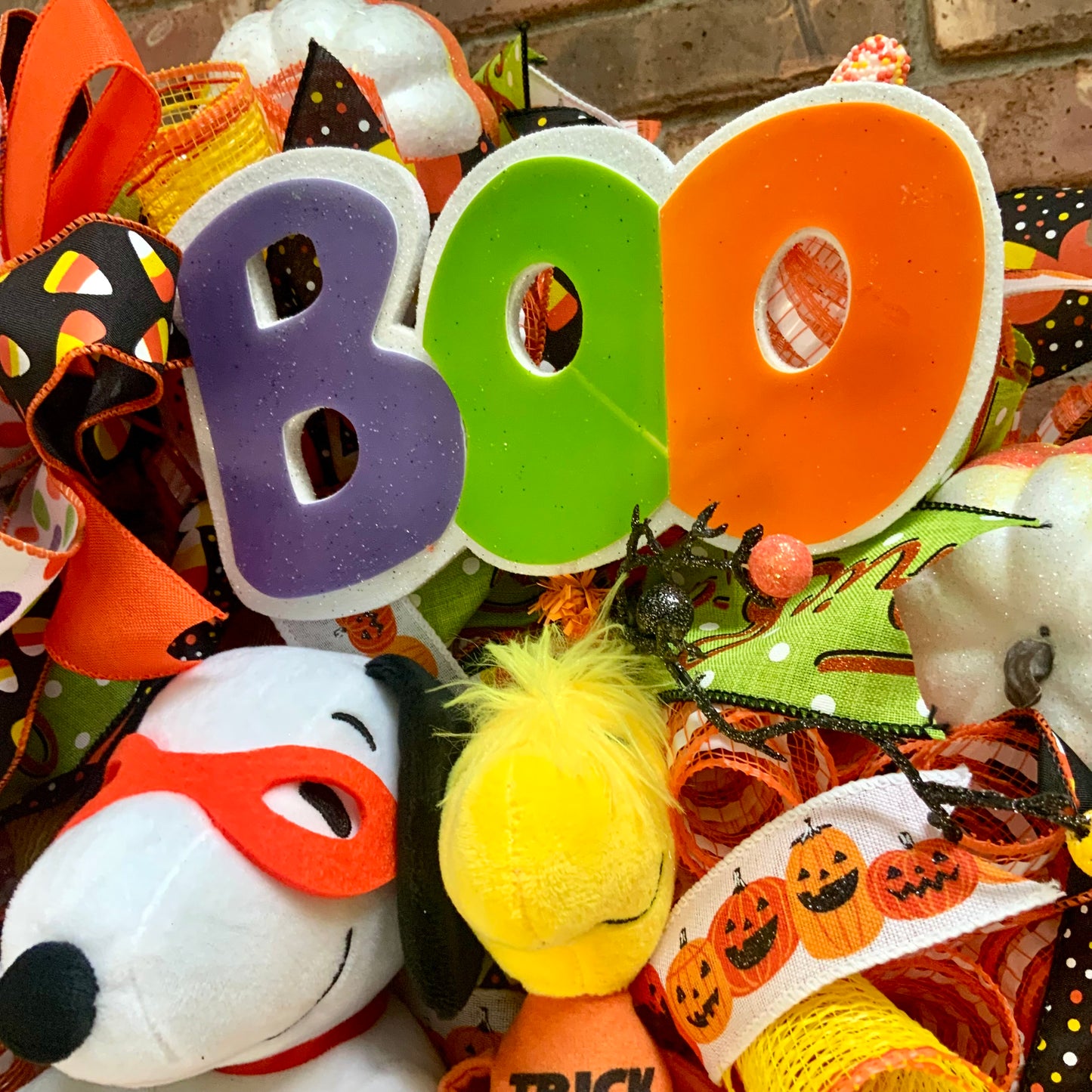 Snoopy Halloween Wreath - Trick or Treat Boo Door Hanger | Pumpkin Candy Corn Orange Purple 2026