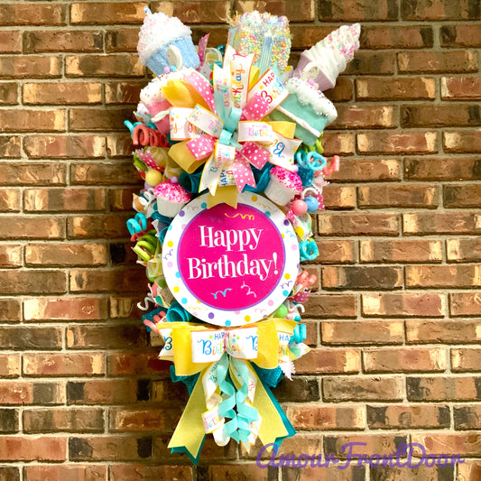 Happy Birthday Swag - Cupcake Ice Cream Cake Door Hanger | Bright Blue Pink Yellow Party Decor | Custom Order