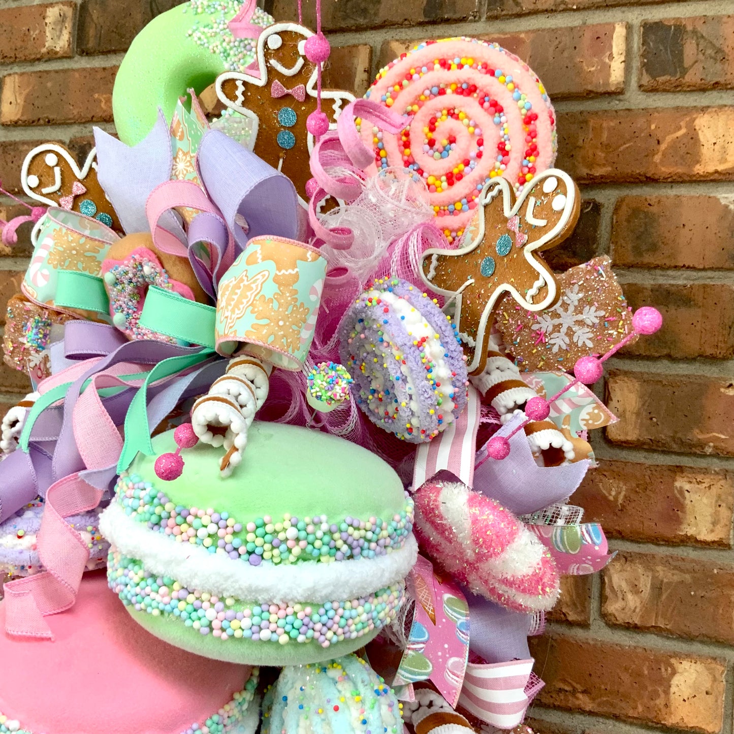 Modern Christmas Wreath - Pastel Candy Door Hanger with Macarons & Gingerbread | Large Holiday Decor