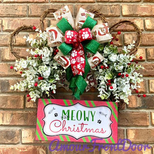 Christmas Cat Wreath, Christmas Cat Decor, Cat Wreath, Cat Door Hanger, Meowy Christmas Wreath, Cat Paw Print Wreath, Cat Grapevine Wreath