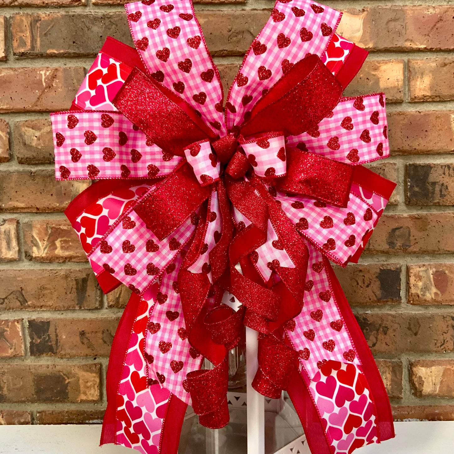 Valentine's Day Bow - Pink Red Heart Lantern Bow with Glitter & Conversation Hearts | Wreath Mailbox Sconce Decor 2025