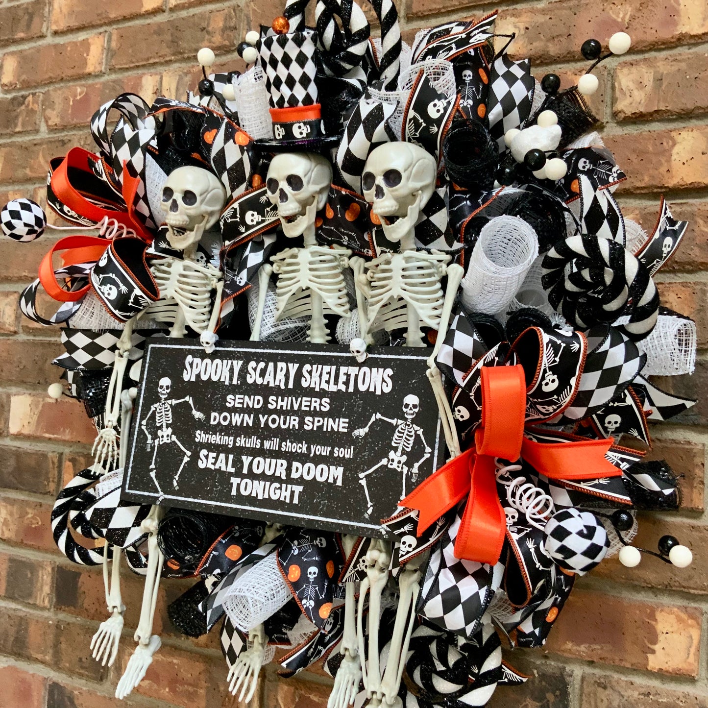 Halloween Wreath - Spooky Scary Skeletons Door Hanger | Black White Harlequin Orange Jack O Lantern 2026