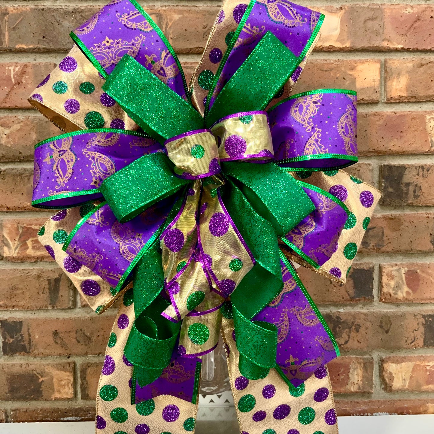 Mardi Gras Bow - Purple Gold Green Glittered Lantern Bow with Mask Patterns | Fat Tuesday Wreath & Mailbox Decor for New Orleans Celebration 2025