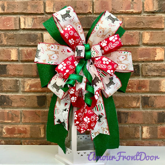 Dog Christmas Bow - Festive Paw Print & Candy Cane Lantern Bow | Holiday Dog Decor 2025
