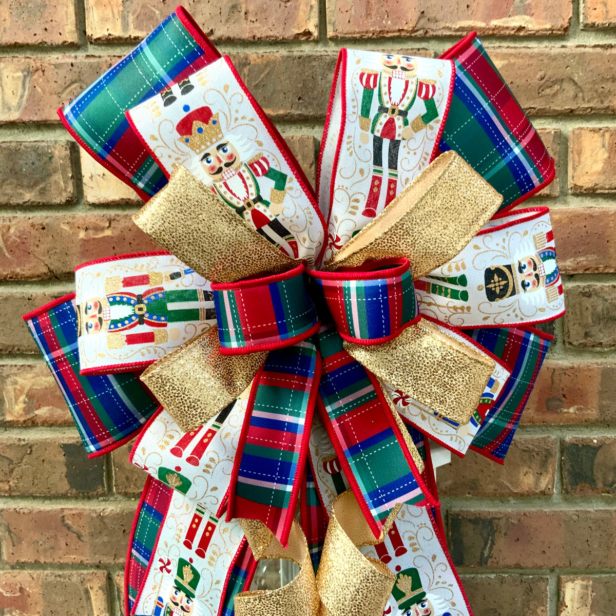 Nutcracker Christmas Bow for Lanterns, Wreaths & Mailboxes | Red Green Blue Plaid & Gold Holiday Bow 2026