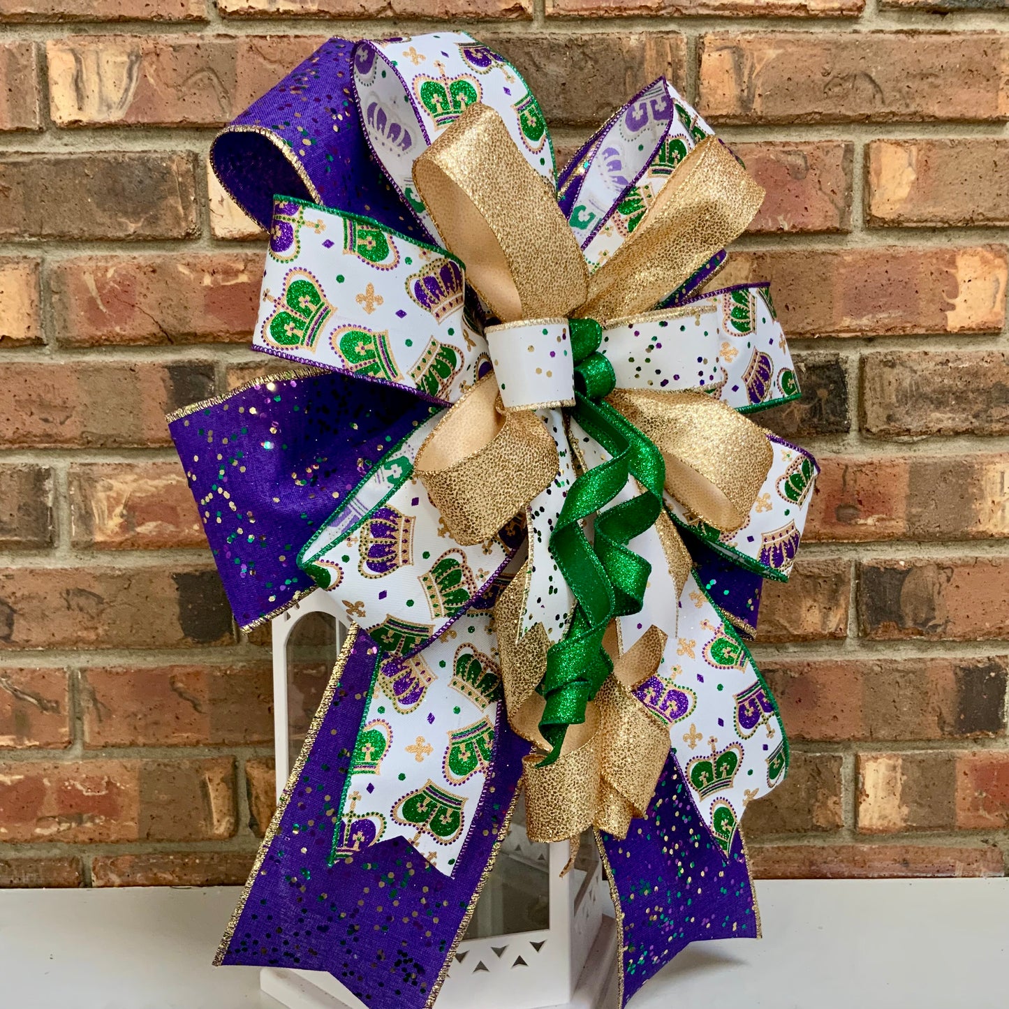 Mardi Gras Bow - Purple Gold Green Glittered Lantern Bow with Mask Patterns | Fat Tuesday Wreath & Mailbox Decor for New Orleans Celebration 2025