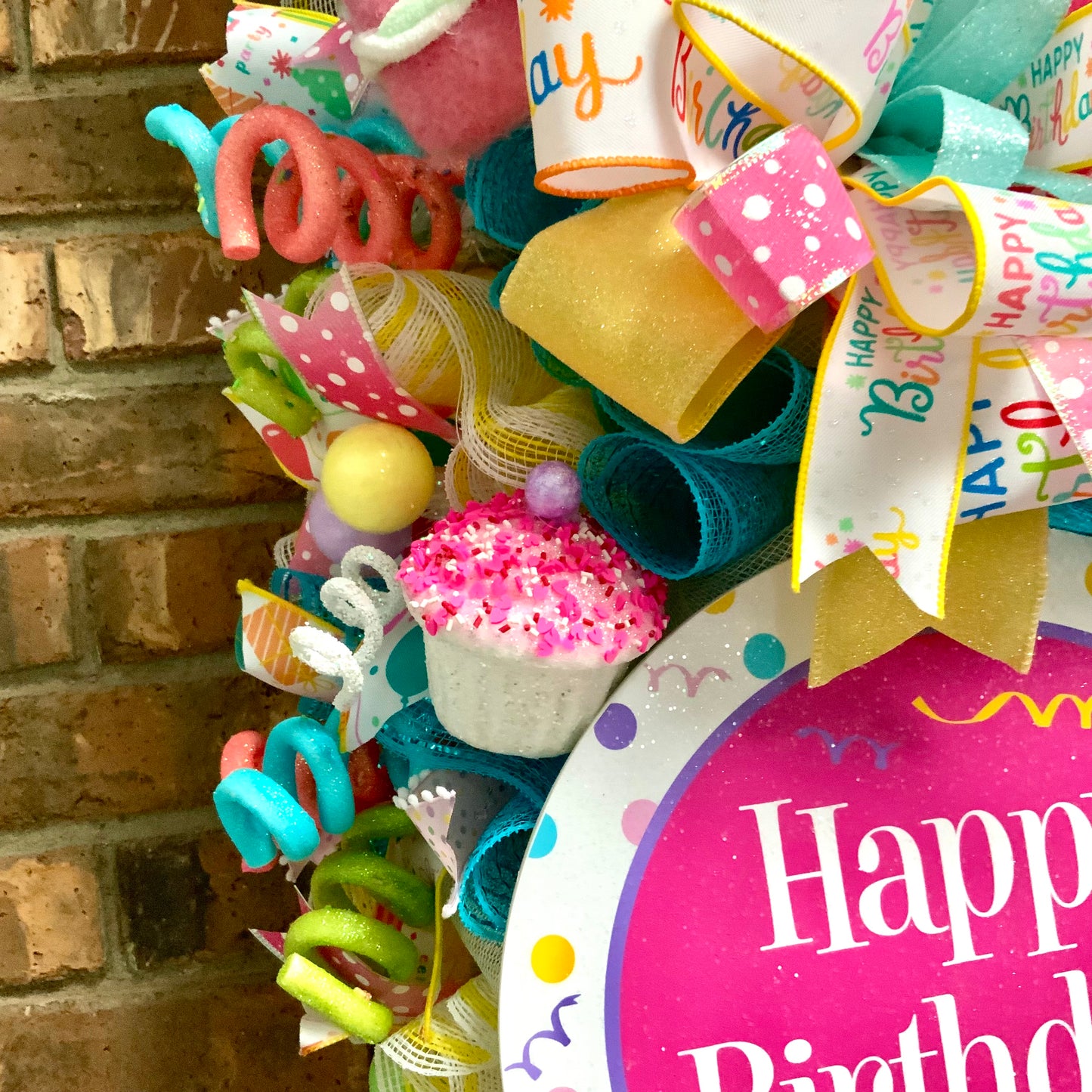 Happy Birthday Swag - Cupcake Ice Cream Cake Door Hanger | Bright Blue Pink Yellow Party Decor | Custom Order