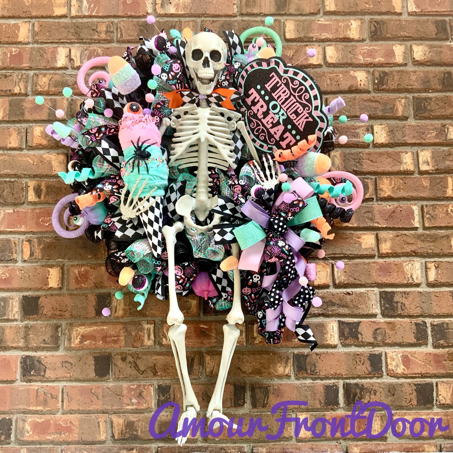 Halloween Pastel Wreath, Skeleton Door Hanger, Trick or Treat Decor, Large Halloween Wreath, Halloween Candy Wreath, Whimsical Halloween Decor