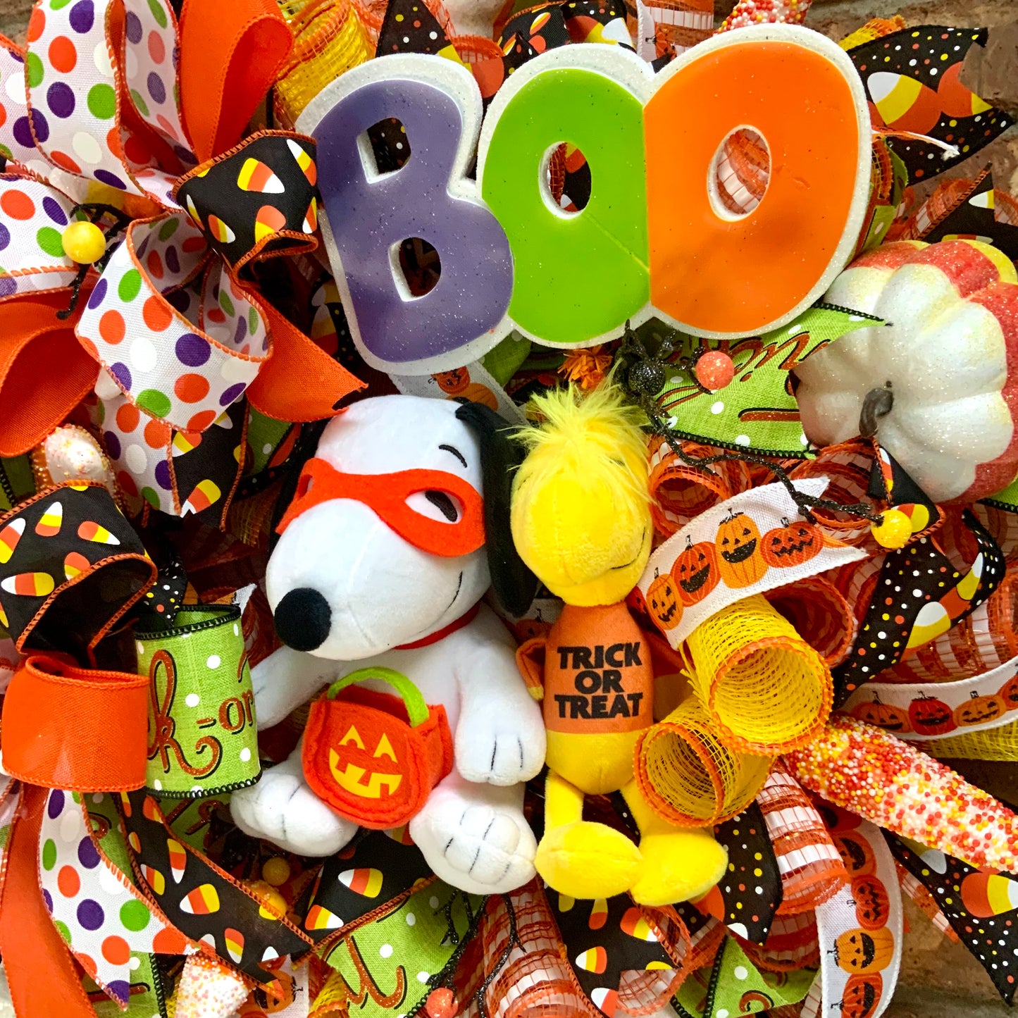 Snoopy Halloween Wreath - Trick or Treat Boo Door Hanger | Pumpkin Candy Corn Orange Purple 2026