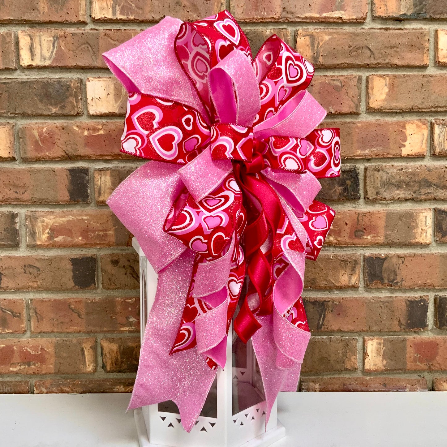 Valentine's Day Bow - Pink Red Heart Lantern Bow with Glitter & Conversation Hearts | Wreath Mailbox Sconce Decor 2025