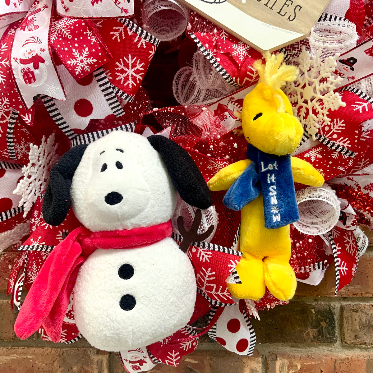 Snoopy Snowman Wreath - Warm Wishes Let It Snow Door Hanger | Red White Snowflake Christmas Decor 2026