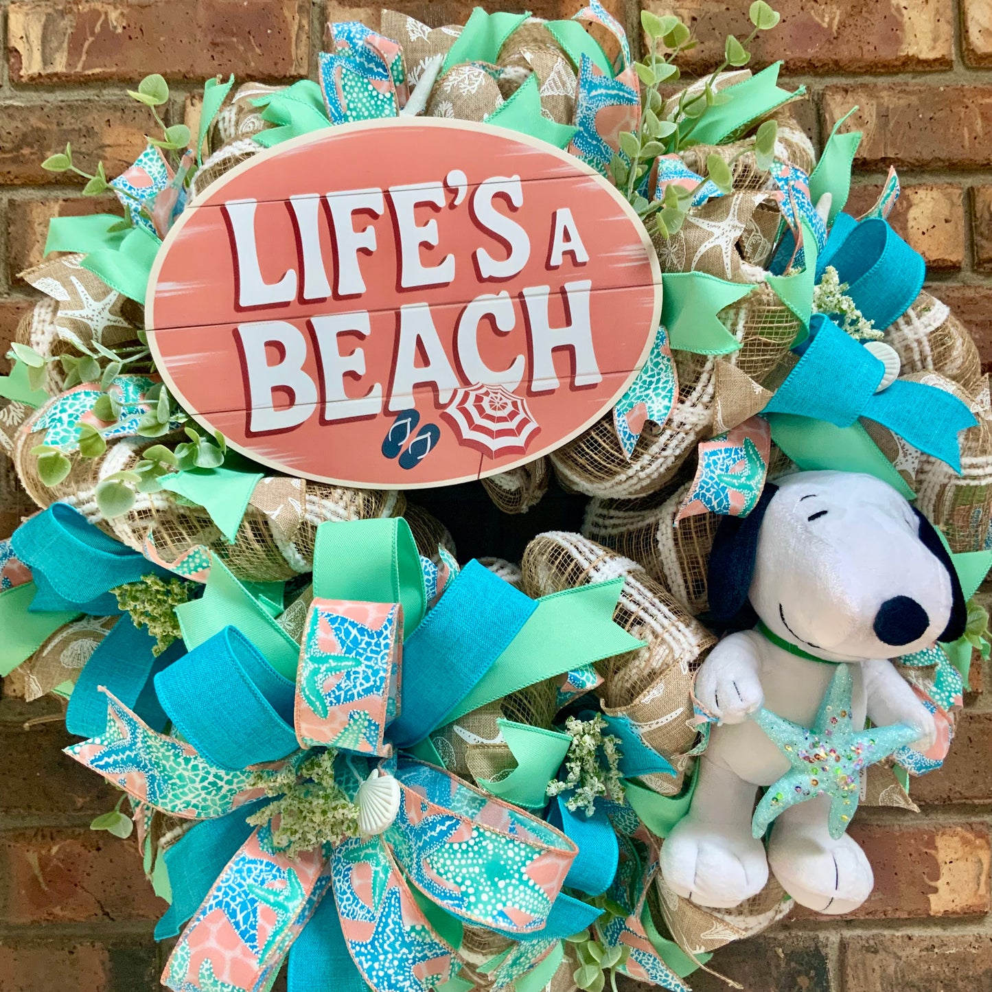 Snoopy Beach Wreath - Life's A Beach Door Hanger | Teal Blue Starfish Seashell Summer Coastal Decor 2026