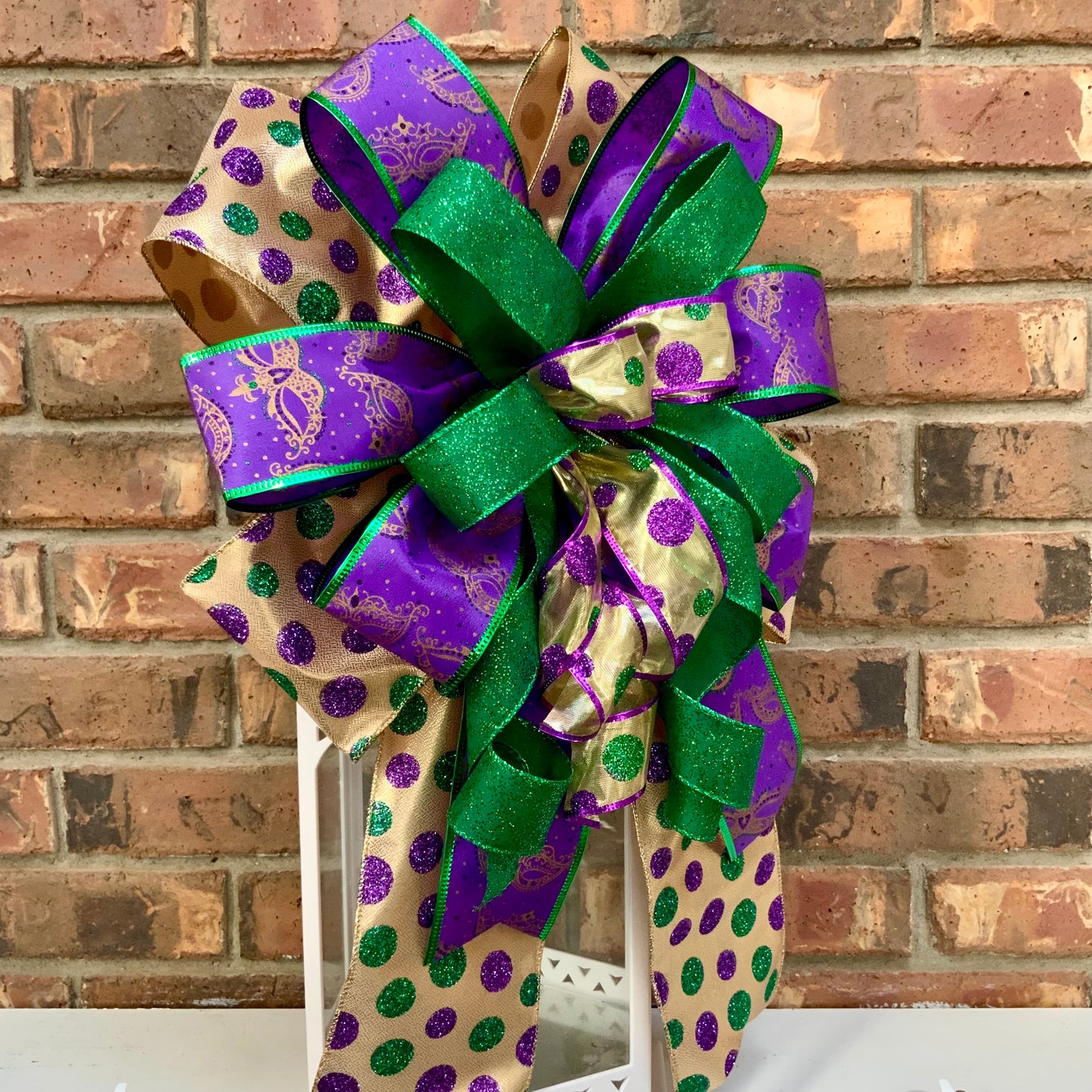 Mardi Gras Bow - Purple Gold Green Glittered Lantern Bow with Mask Patterns | Fat Tuesday Wreath & Mailbox Decor for New Orleans Celebration 2025
