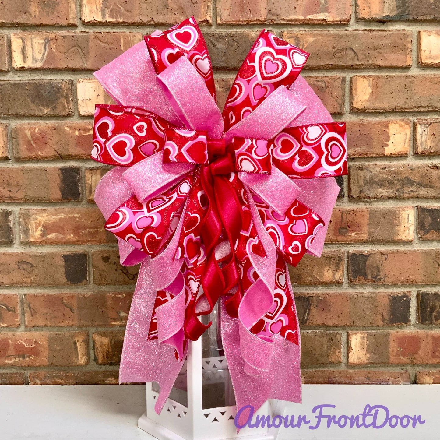 Valentine's Day Bow - Pink Red Heart Lantern Bow with Glitter & Conversation Hearts | Wreath Mailbox Sconce Decor 2025
