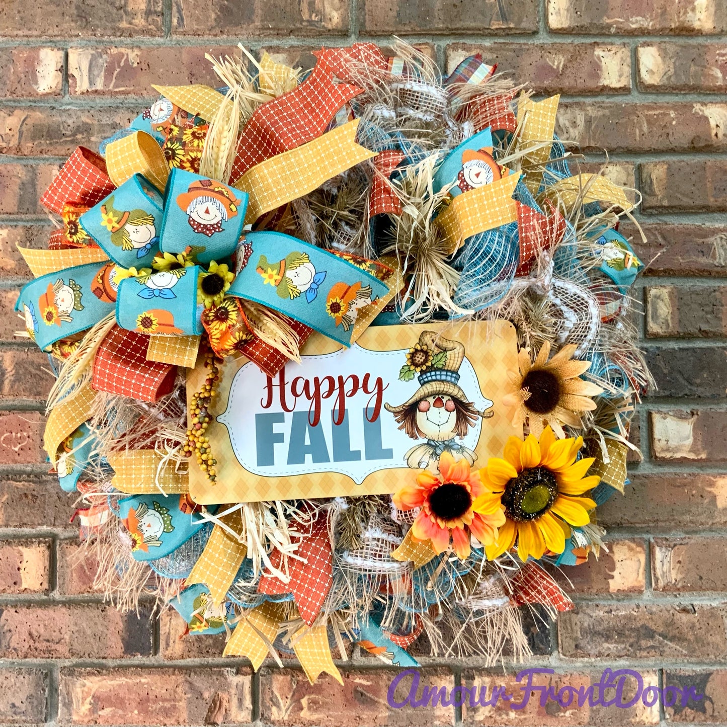 Fall Scarecrow Wreath, Happy Fall Scarecrow, Fall Sunflower Wreath, Fall Straw Wreath, Large Scarecrow Wreath, Fall Country Decor