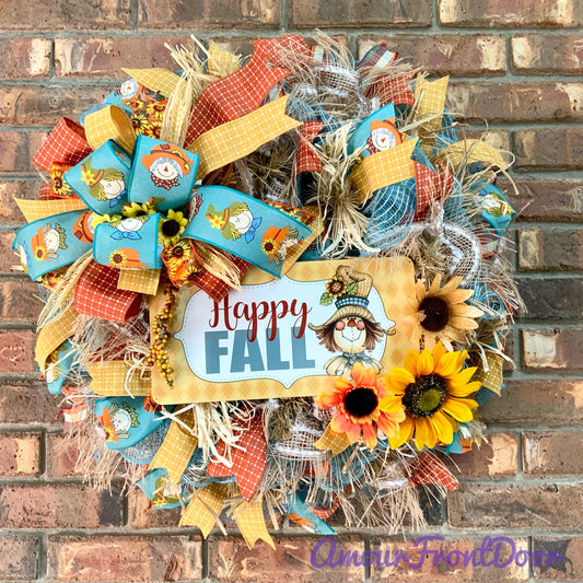 Fall Scarecrow Wreath, Happy Fall Scarecrow, Fall Sunflower Wreath, Fall Straw Wreath, Large Scarecrow Wreath, Fall Country Decor