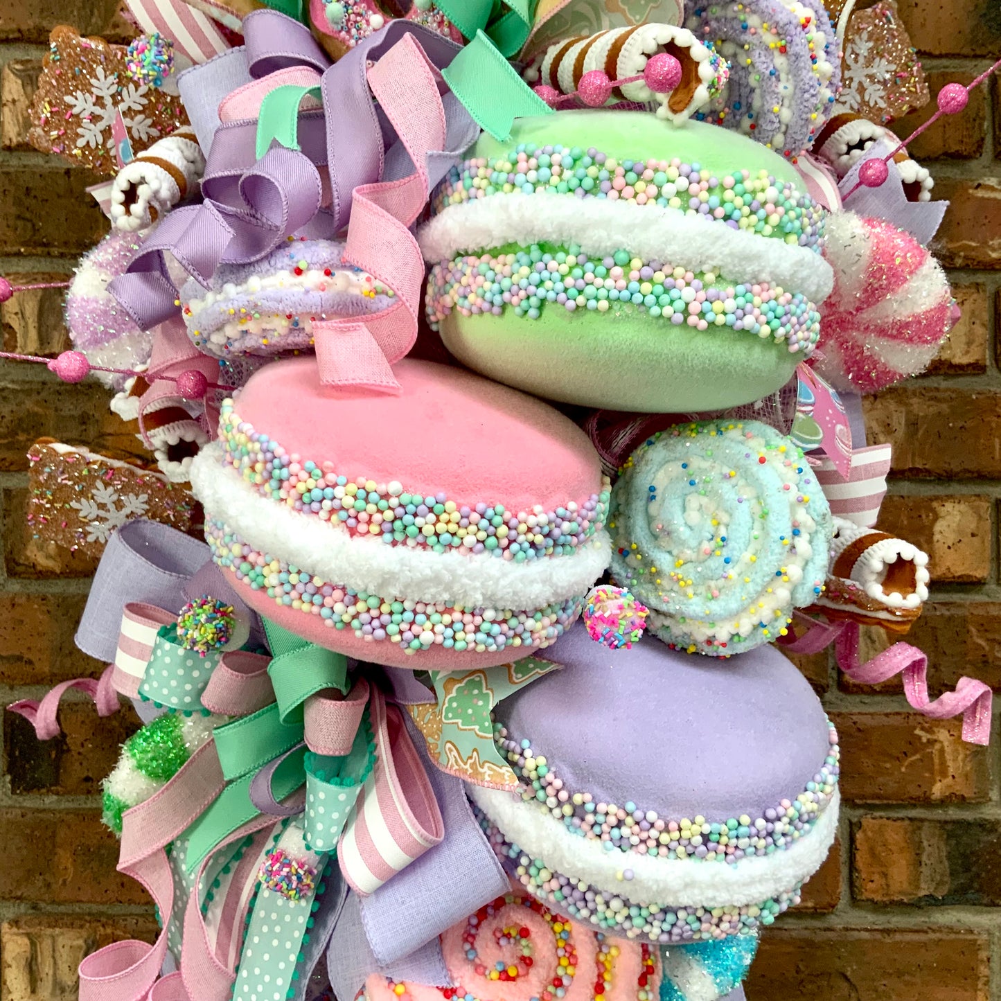 Modern Christmas Wreath - Pastel Candy Door Hanger with Macarons & Gingerbread | Large Holiday Decor