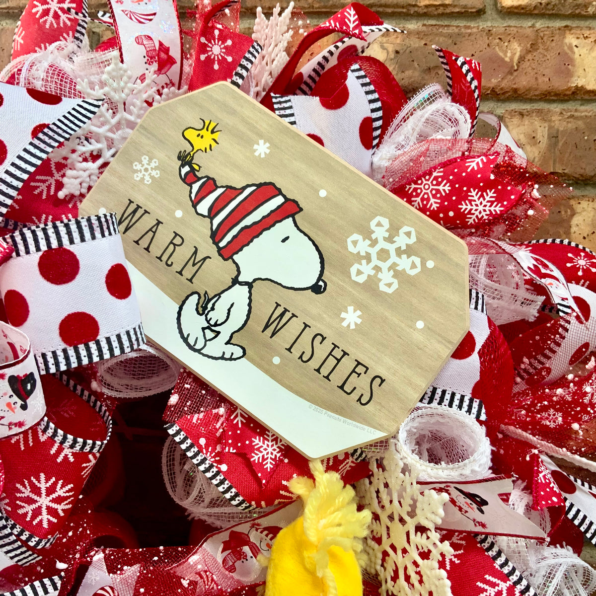 Snoopy Snowman Wreath - Warm Wishes Let It Snow Door Hanger | Red White Snowflake Christmas Decor 2026