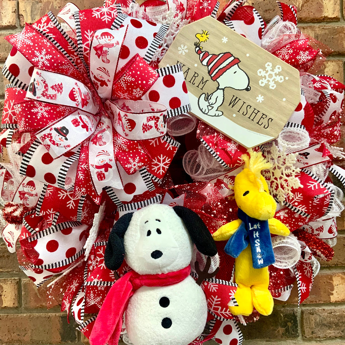 Snoopy Snowman Wreath - Warm Wishes Let It Snow Door Hanger | Red White Snowflake Christmas Decor 2026