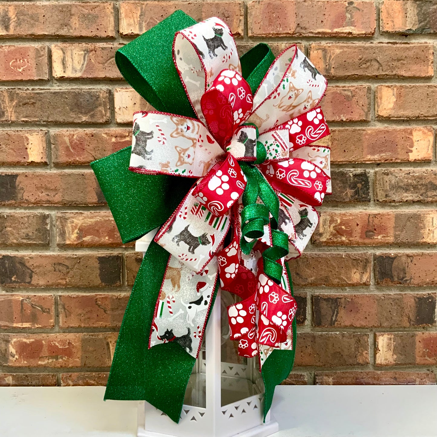 Dog Christmas Bow - Festive Paw Print & Candy Cane Lantern Bow | Holiday Dog Decor 2025