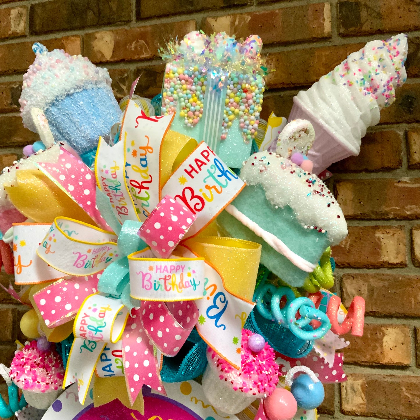 Happy Birthday Swag - Cupcake Ice Cream Cake Door Hanger | Bright Blue Pink Yellow Party Decor | Custom Order