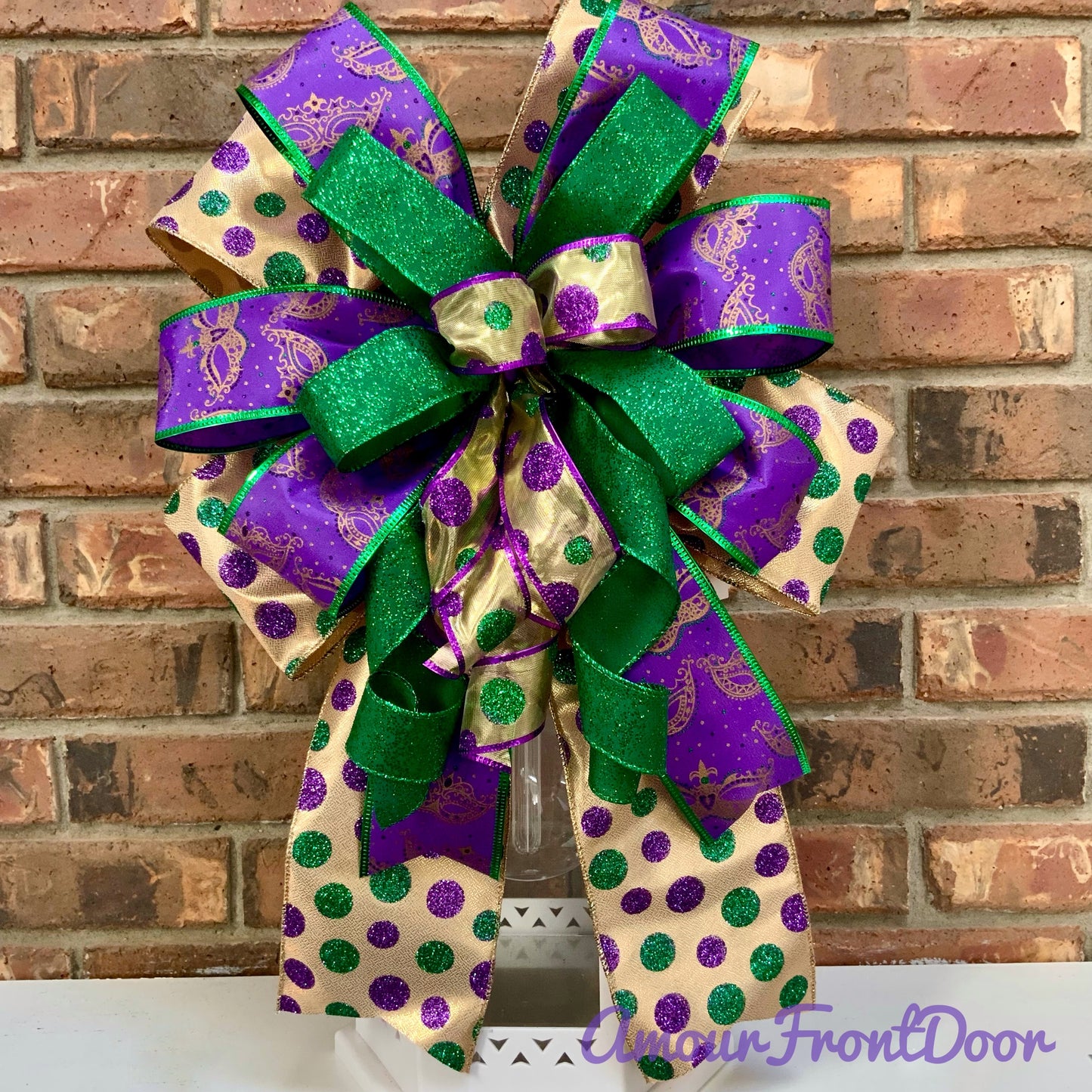 Mardi Gras Bow - Purple Gold Green Glittered Lantern Bow with Mask Patterns | Fat Tuesday Wreath & Mailbox Decor for New Orleans Celebration 2025