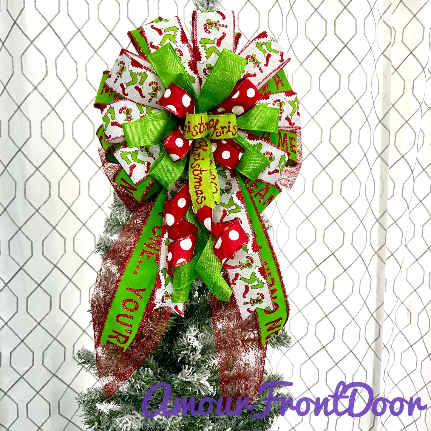 Christmas Tree Topper Bow, Grinch Tree Topper Bow, Christmas Mailbox Decor, Grinch Decor, Christmas Grinch Bow, Christmas Large Bow For Wreaths