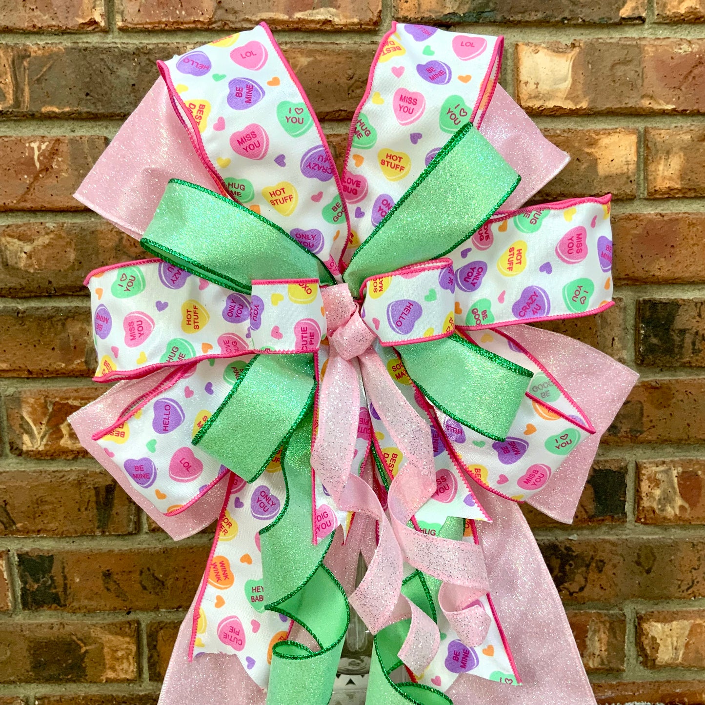 Valentine's Day Bow - Pink Red Heart Lantern Bow with Glitter & Conversation Hearts | Wreath Mailbox Sconce Decor 2025