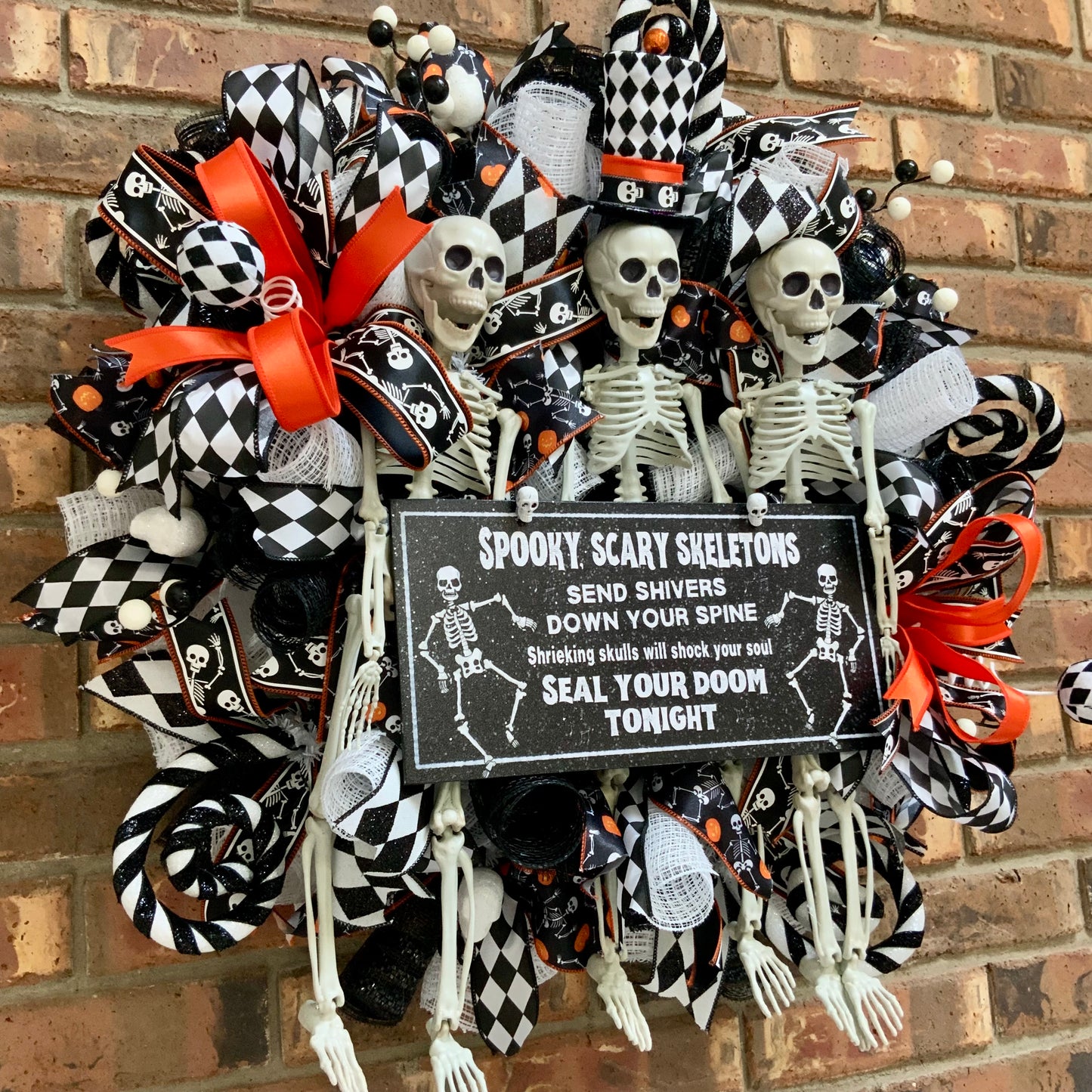 Halloween Wreath - Spooky Scary Skeletons Door Hanger | Black White Harlequin Orange Jack O Lantern 2026