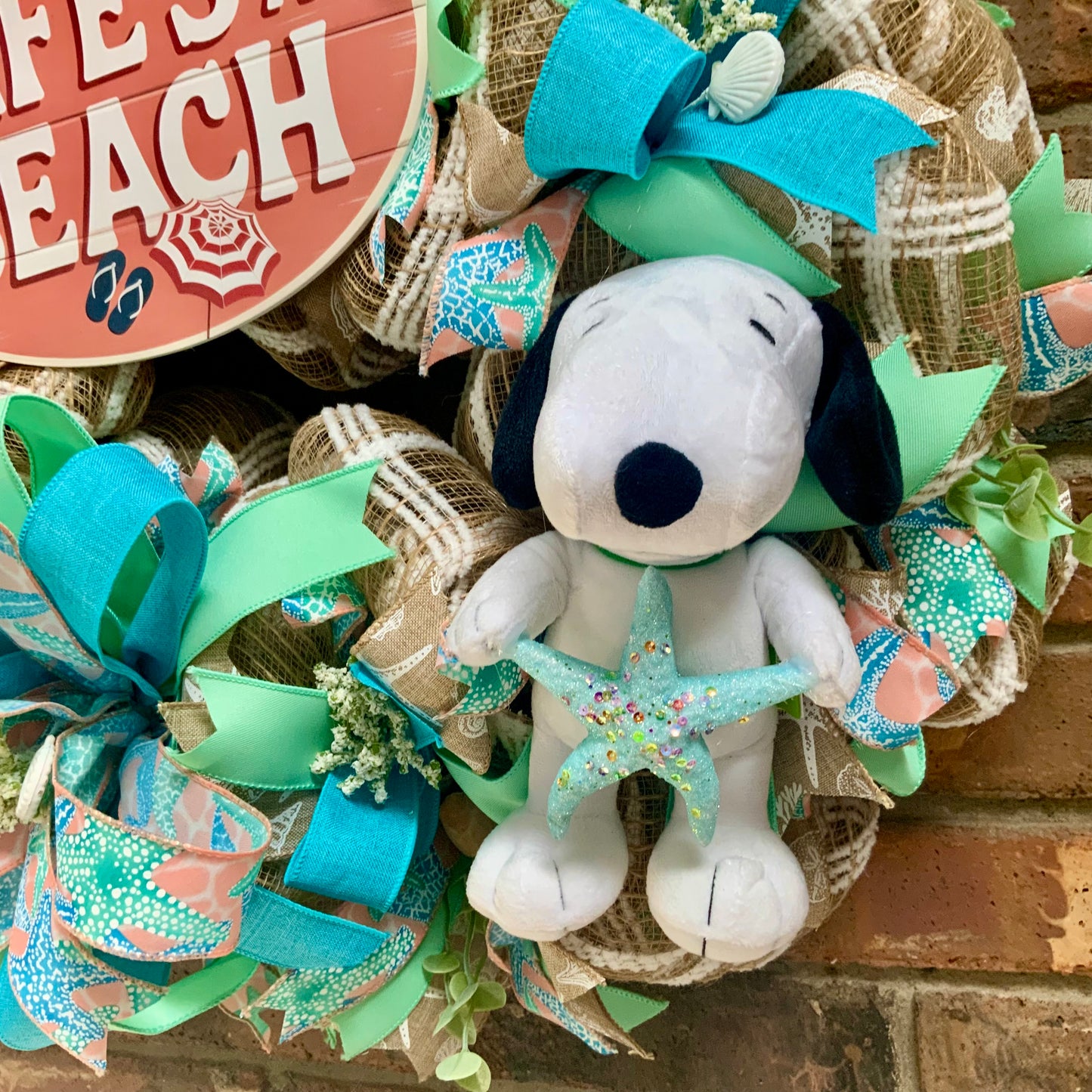 Snoopy Beach Wreath - Life's A Beach Door Hanger | Teal Blue Starfish Seashell Summer Coastal Decor 2026