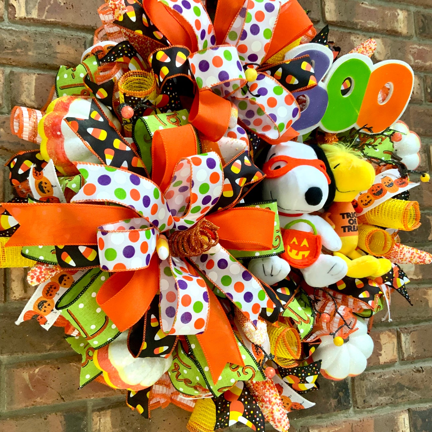 Snoopy Halloween Wreath - Trick or Treat Boo Door Hanger | Pumpkin Candy Corn Orange Purple 2026