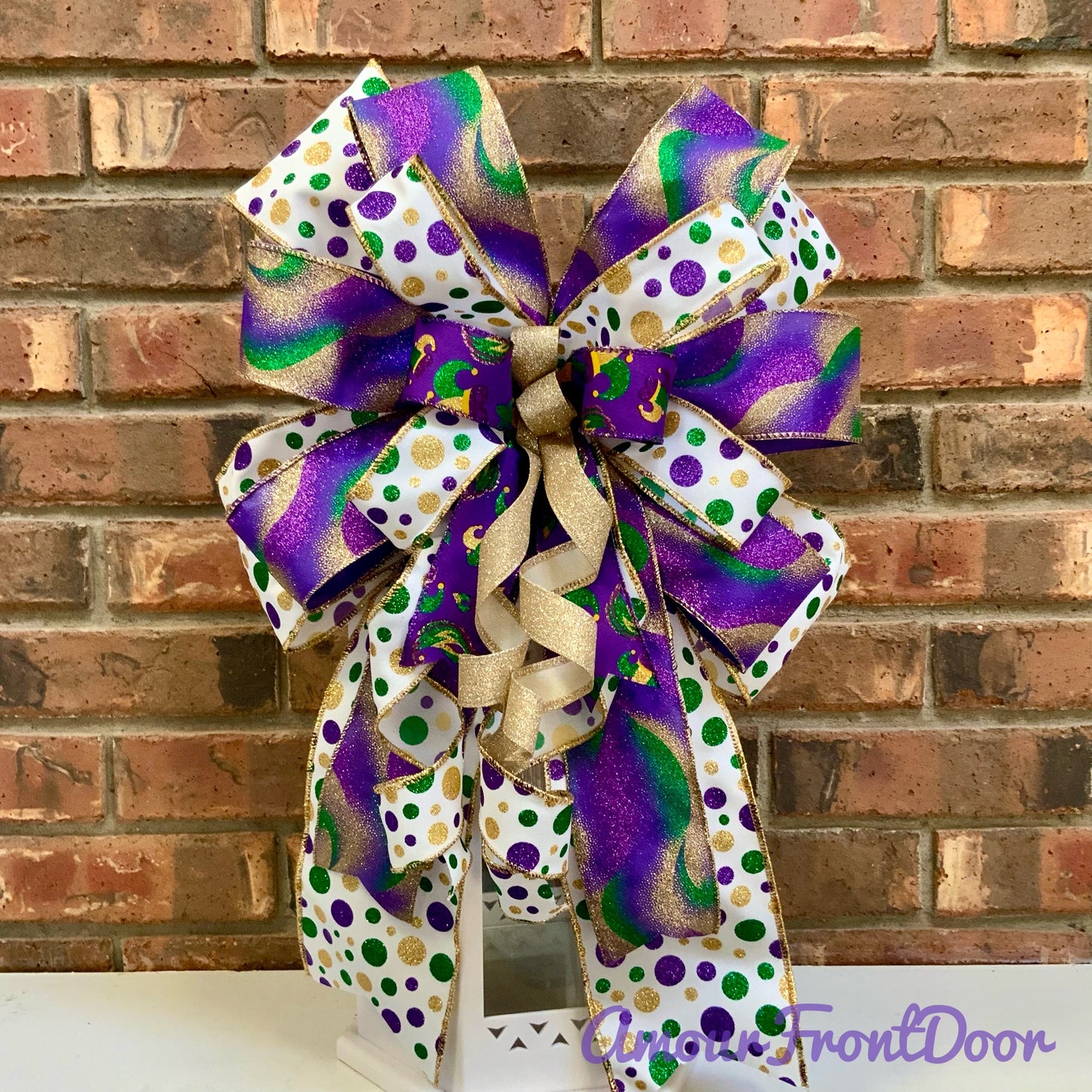 Mardi Gras Bow - Purple Gold Green Glittered Lantern Bow with Mask Patterns | Fat Tuesday Wreath & Mailbox Decor for New Orleans Celebration 2025