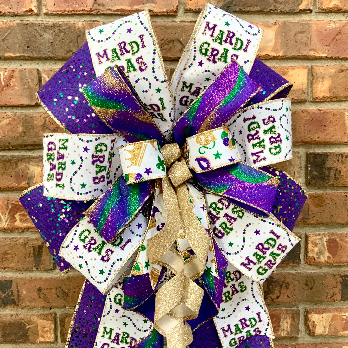 Mardi Gras Bow - Purple Gold Green Glittered Lantern Bow with Mask Patterns | Fat Tuesday Wreath & Mailbox Decor for New Orleans Celebration 2025