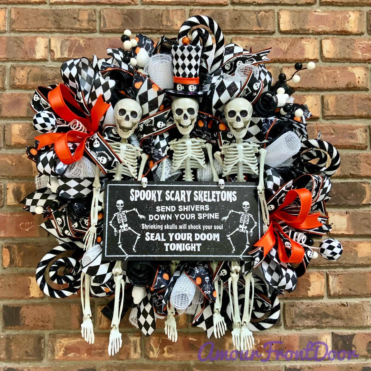 Halloween Wreath - Spooky Scary Skeletons Door Hanger | Black White Harlequin Orange Jack O Lantern 2026