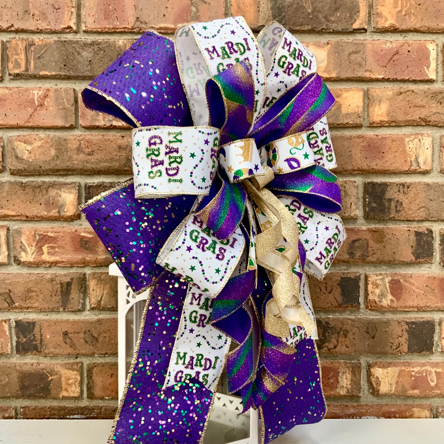 Mardi Gras Bow - Purple Gold Green Glittered Lantern Bow with Mask Patterns | Fat Tuesday Wreath & Mailbox Decor for New Orleans Celebration 2025