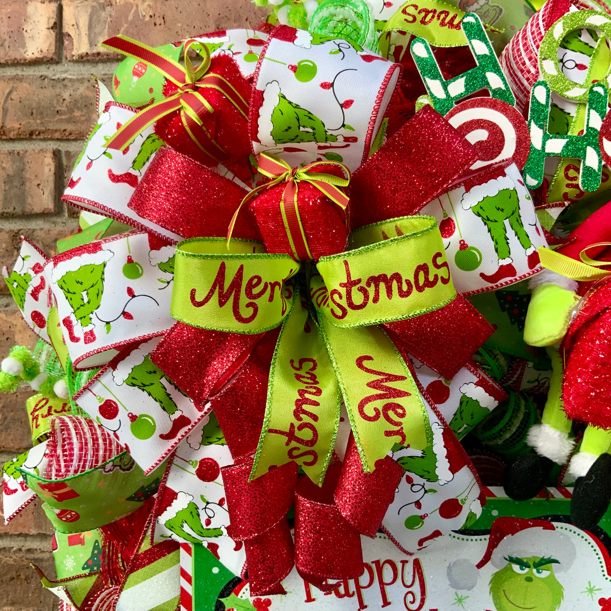 Grinch Christmas Wreath - Happy Who-lidays! | Red & Lime Green Holiday Door Decor 2026