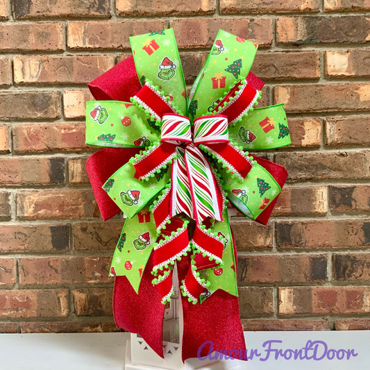 Grinch Bow For Wreath, Christmas Grinch Bow, Grinch Mailbox Bow, Grinch Lantern Bow, Christmas Sconce Bow, Grinch Decor 2026