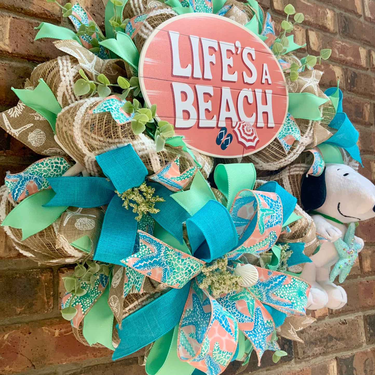 Snoopy Beach Wreath - Life's A Beach Door Hanger | Teal Blue Starfish Seashell Summer Coastal Decor 2026