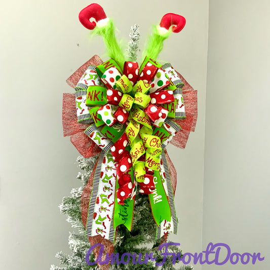 Christmas Tree Topper Bow, Grinch Tree Topper Bow, Christmas Mailbox Decor, Grinch Decor, Christmas Grinch Bow, Christmas Large Bow For Wreaths, 2024