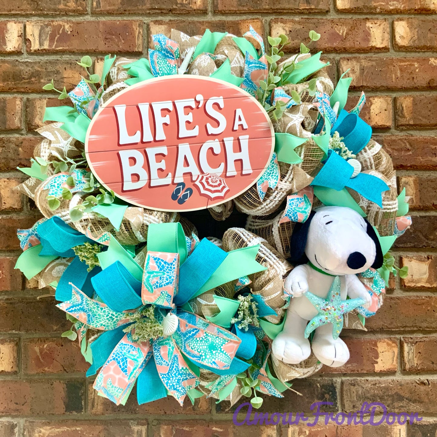 Snoopy Beach Wreath - Life's A Beach Door Hanger | Teal Blue Starfish Seashell Summer Coastal Decor 2026