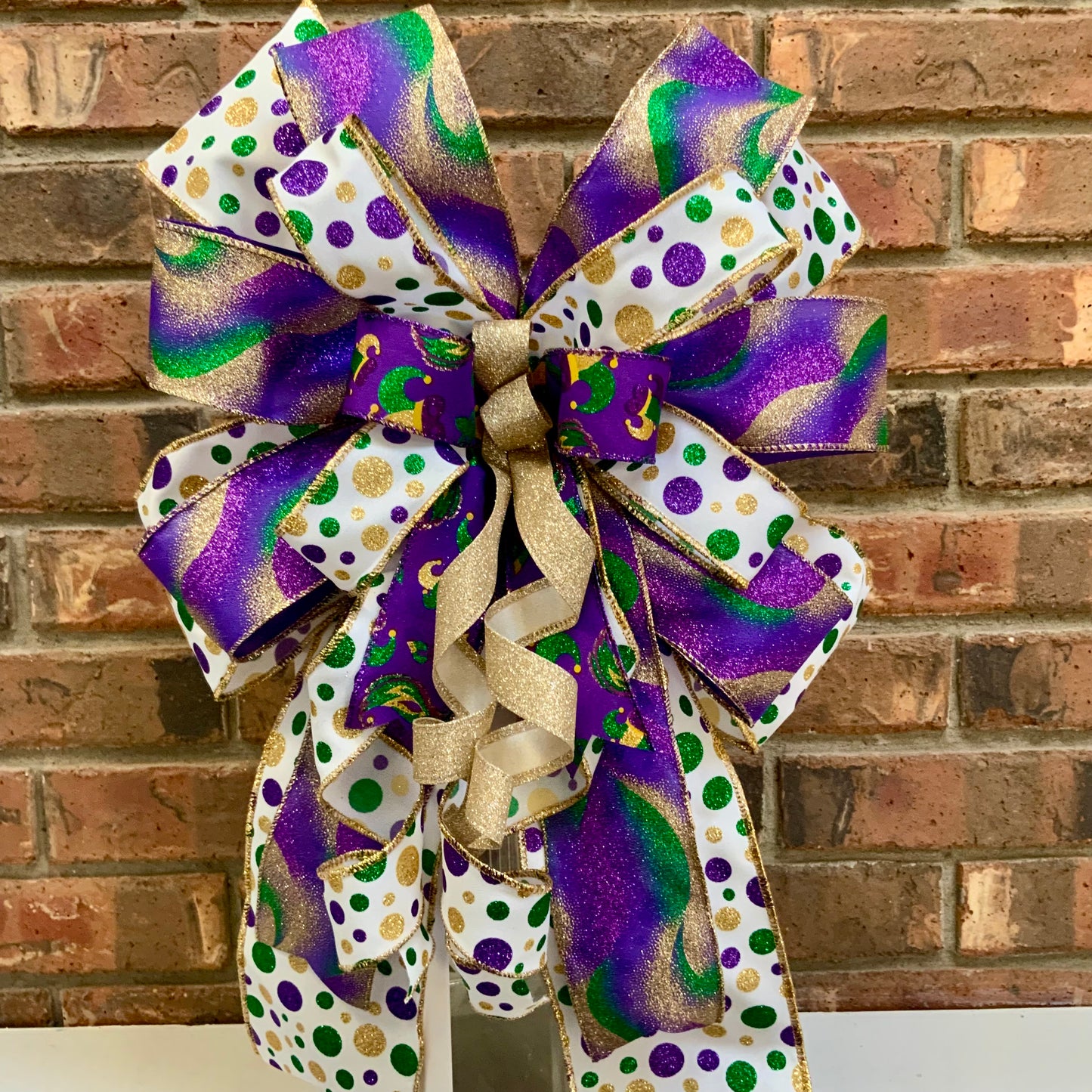 Mardi Gras Bow - Purple Gold Green Glittered Lantern Bow with Mask Patterns | Fat Tuesday Wreath & Mailbox Decor for New Orleans Celebration 2025