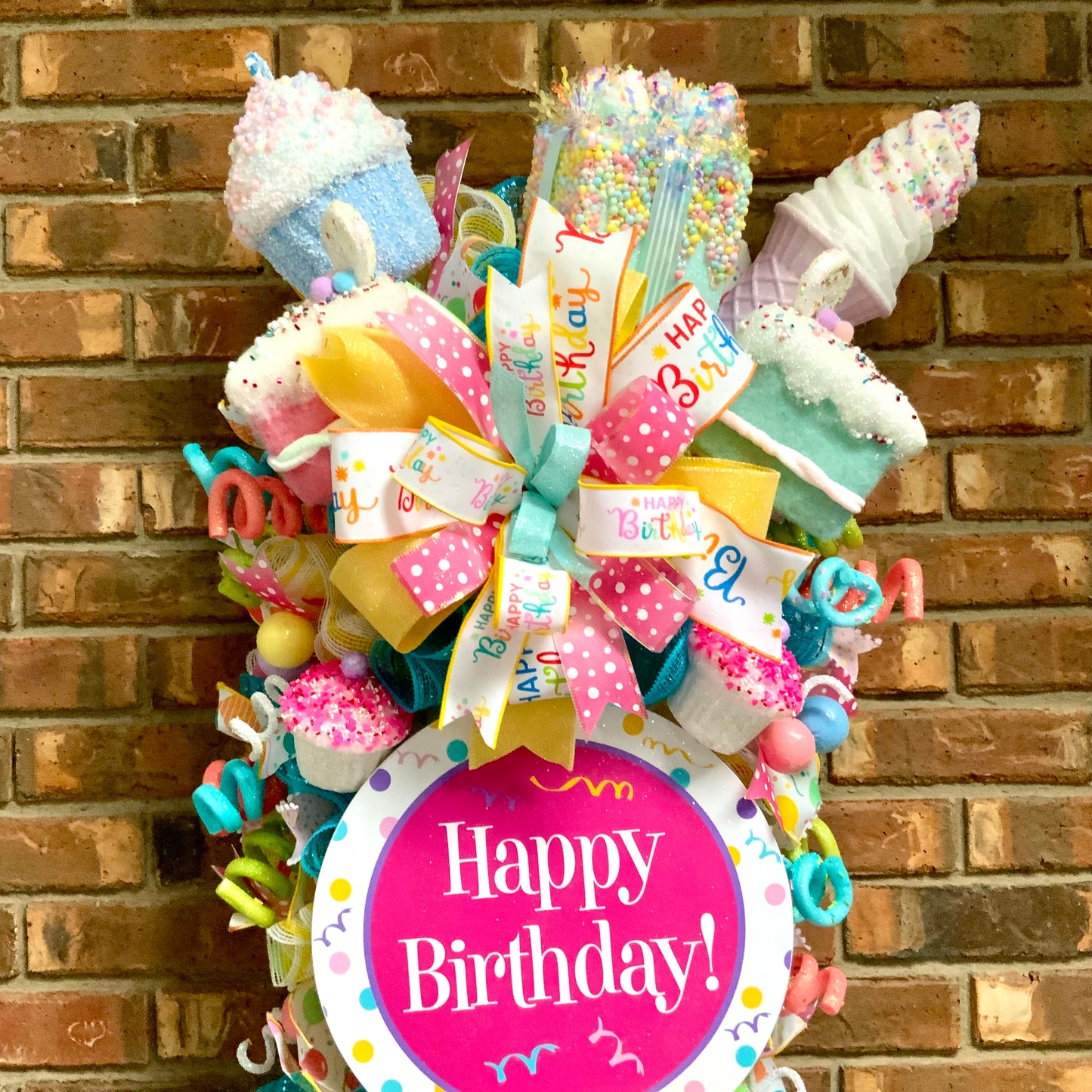 Happy Birthday Swag - Cupcake Ice Cream Cake Door Hanger | Bright Blue Pink Yellow Party Decor | Custom Order