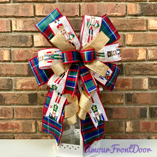 Nutcracker Christmas Bow for Lanterns, Wreaths & Mailboxes | Red Green Blue Plaid & Gold Holiday Bow 2026