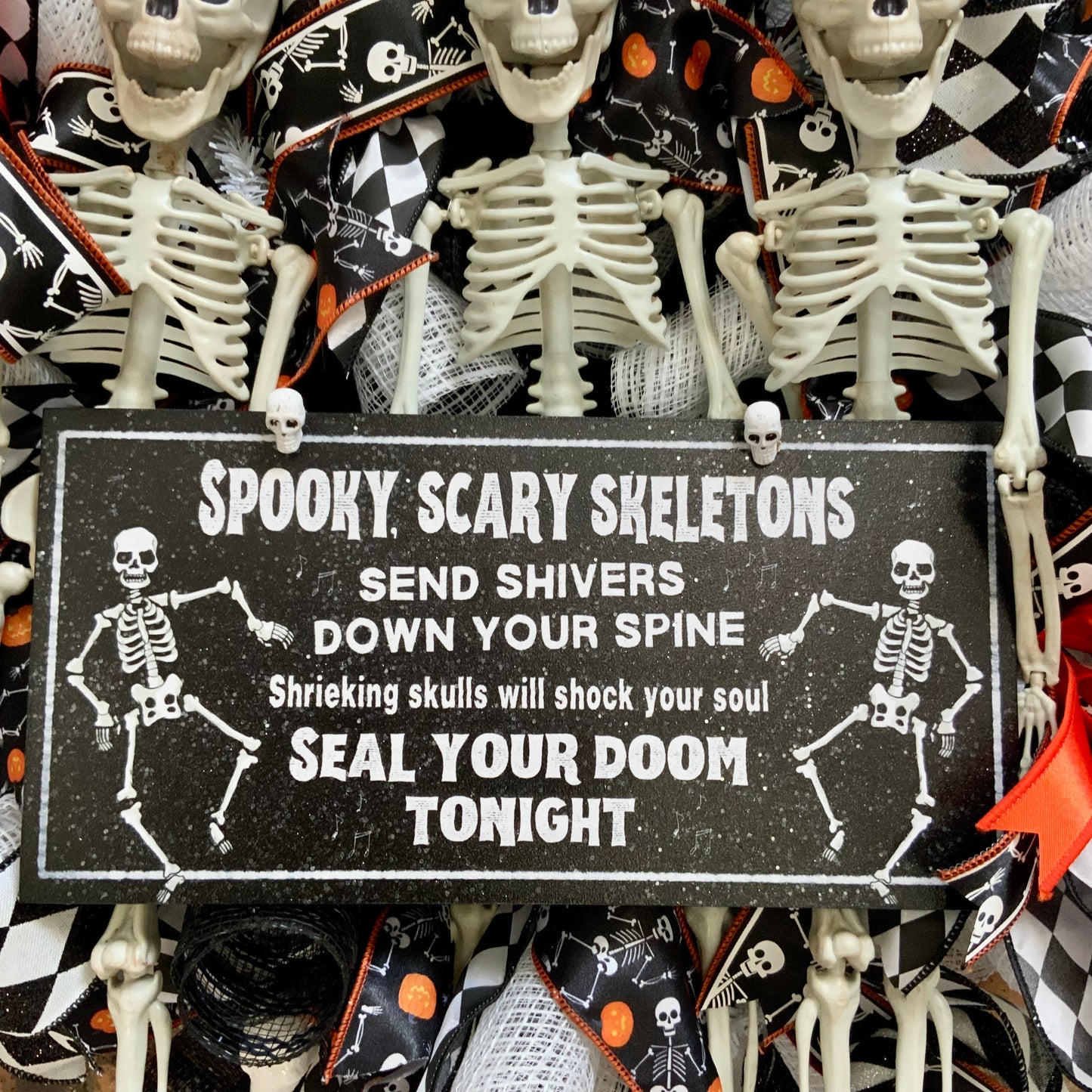 Halloween Wreath - Spooky Scary Skeletons Door Hanger | Black White Harlequin Orange Jack O Lantern 2026