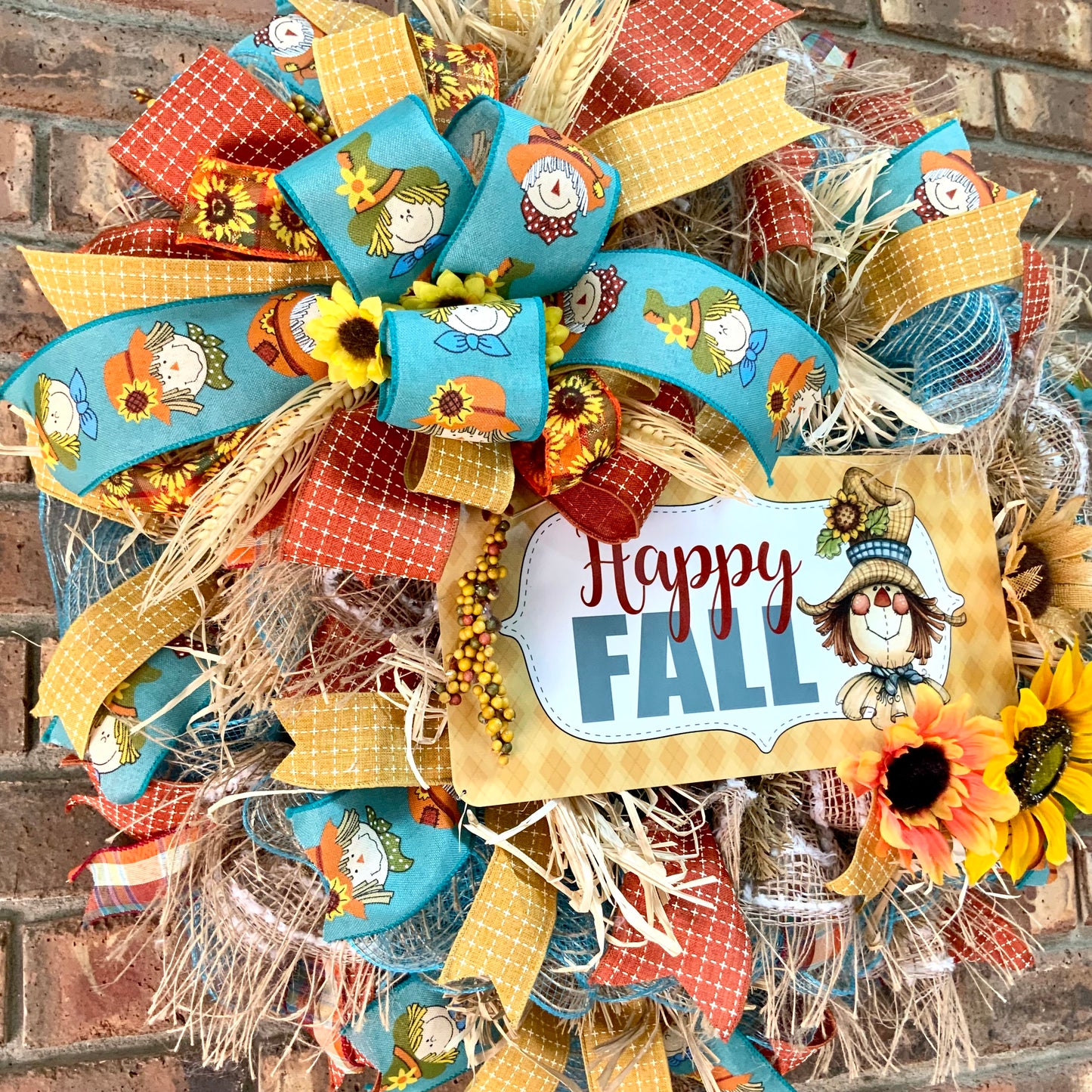 Fall Scarecrow Wreath, Happy Fall Scarecrow, Fall Sunflower Wreath, Fall Straw Wreath, Large Scarecrow Wreath, Fall Country Decor